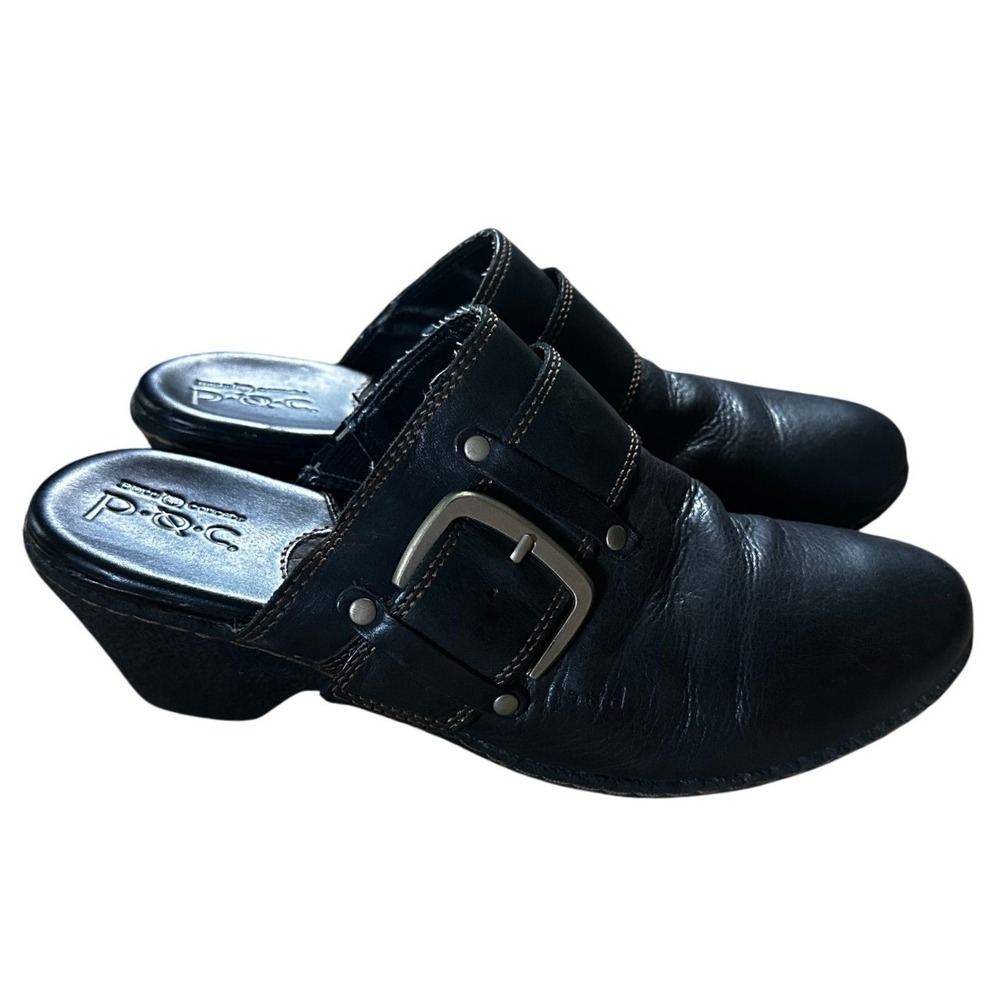 B.O.C. Born Concept Black Leather Buckle Wedge Clogs Mules Women's 10